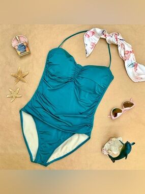 La Blanca ❉ Ruched One Piece Halter Swimsuit in Teal Size 10